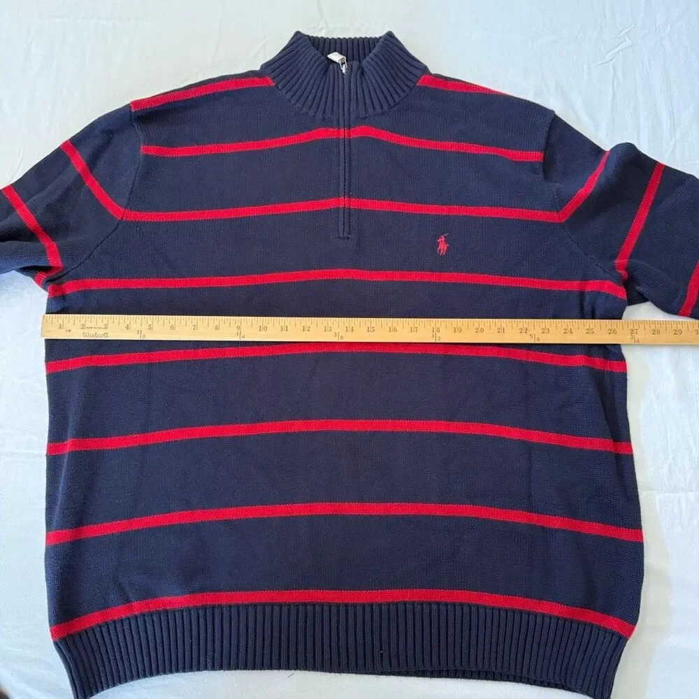Polo by Ralph Lauren | Classic Striped Quarter Zip Sweater NWT | Navy Red Cotton